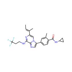 C/C=C(\C)c1cn2c(-c3ccc(C(=O)NC4CC4)c(C)c3)cnc2c(NCCC(F)(F)F)n1 ZINC000169237384