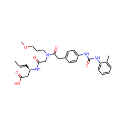 C/C=C/[C@H](CC(=O)O)NC(=O)CN(CCCOC)C(=O)Cc1ccc(NC(=O)Nc2ccccc2C)cc1 ZINC000003981130