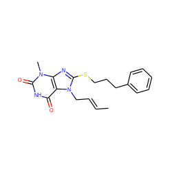 C/C=C/Cn1c(SCCCc2ccccc2)nc2c1c(=O)[nH]c(=O)n2C ZINC000012532016