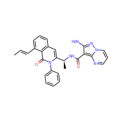 C/C=C/c1cccc2cc([C@H](C)NC(=O)c3c(N)nn4cccnc34)n(-c3ccccc3)c(=O)c12 ZINC001772636760