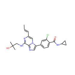 C/C=C/c1cn2c(-c3ccc(C(=O)NC4CC4)c(Cl)c3)cnc2c(NCC(C)(C)O)n1 ZINC000169156779