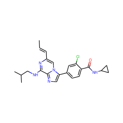 C/C=C/c1cn2c(-c3ccc(C(=O)NC4CC4)c(Cl)c3)cnc2c(NCC(C)C)n1 ZINC000169212700