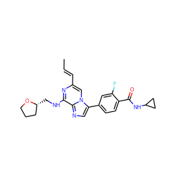 C/C=C/c1cn2c(-c3ccc(C(=O)NC4CC4)c(F)c3)cnc2c(NC[C@@H]2CCCO2)n1 ZINC000169244350