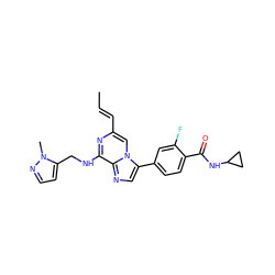 C/C=C/c1cn2c(-c3ccc(C(=O)NC4CC4)c(F)c3)cnc2c(NCc2ccnn2C)n1 ZINC000169230774