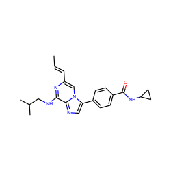 C/C=C/c1cn2c(-c3ccc(C(=O)NC4CC4)cc3)cnc2c(NCC(C)C)n1 ZINC000169220318