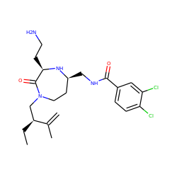 C=C(C)[C@@H](CC)CN1CC[C@H](CNC(=O)c2ccc(Cl)c(Cl)c2)N[C@H](CCN)C1=O ZINC000206907518