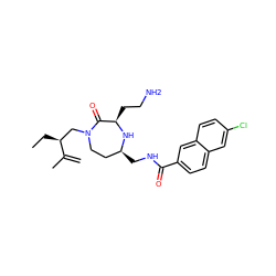 C=C(C)[C@@H](CC)CN1CC[C@H](CNC(=O)c2ccc3cc(Cl)ccc3c2)N[C@H](CCN)C1=O ZINC000206912507