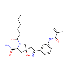 C=C(C)C(=O)Nc1cccc(C2=NO[C@@]3(C2)C[C@@H](C(N)=O)N(C(=O)CCCCC)C3)c1 ZINC000013478705