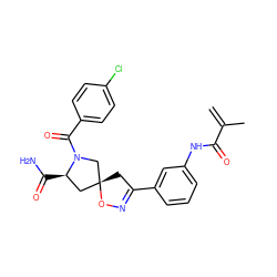 C=C(C)C(=O)Nc1cccc(C2=NO[C@]3(C2)C[C@@H](C(N)=O)N(C(=O)c2ccc(Cl)cc2)C3)c1 ZINC000013478587