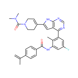 C=C(C)c1ccc(C(=O)Nc2cc(F)cc(-c3ncnc4[nH]c(C5=CCN(C(=O)N(C)C)CC5)cc34)c2C)cc1 ZINC000143186723