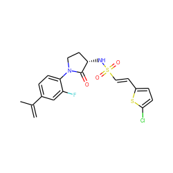 C=C(C)c1ccc(N2CC[C@H](NS(=O)(=O)/C=C/c3ccc(Cl)s3)C2=O)c(F)c1 ZINC000045347361