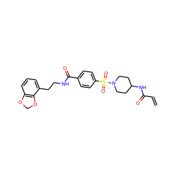 C=CC(=O)NC1CCN(S(=O)(=O)c2ccc(C(=O)NCCc3cccc4c3OCO4)cc2)CC1 ZINC000095571925