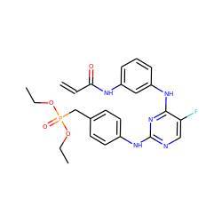 C=CC(=O)Nc1cccc(Nc2nc(Nc3ccc(CP(=O)(OCC)OCC)cc3)ncc2F)c1 ZINC001772613792