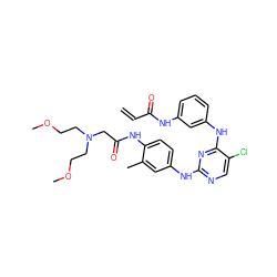 C=CC(=O)Nc1cccc(Nc2nc(Nc3ccc(NC(=O)CN(CCOC)CCOC)c(C)c3)ncc2Cl)c1 ZINC001772581956