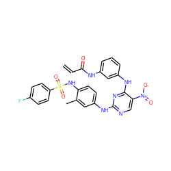 C=CC(=O)Nc1cccc(Nc2nc(Nc3ccc(NS(=O)(=O)c4ccc(F)cc4)c(C)c3)ncc2[N+](=O)[O-])c1 ZINC001772627922