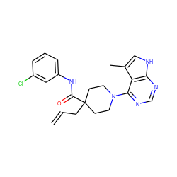 C=CCC1(C(=O)Nc2cccc(Cl)c2)CCN(c2ncnc3[nH]cc(C)c23)CC1 ZINC000140969181