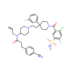 C=CCN(C(=O)CCc1ccc(C#N)cc1)C1CCN(CCC2(c3cccc(F)c3)CCN(C(=O)c3cc(S(=O)(=O)NC)c(F)cc3Cl)CC2)CC1 ZINC000095545353