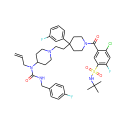 C=CCN(C(=O)NCc1ccc(F)cc1)C1CCN(CCC2(c3cccc(F)c3)CCN(C(=O)c3cc(S(=O)(=O)NC(C)(C)C)c(F)cc3Cl)CC2)CC1 ZINC000095544872