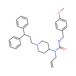 C=CCN(C(=O)NCc1ccc(OC)cc1)C1CCN(CCC(c2ccccc2)c2ccccc2)CC1 ZINC000028356225