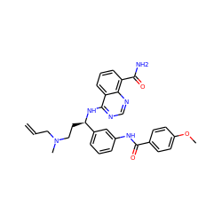 C=CCN(C)CC[C@@H](Nc1ncnc2c(C(N)=O)cccc12)c1cccc(NC(=O)c2ccc(OC)cc2)c1 ZINC000114349088