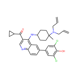 C=CCN(CC=C)C1(C)CCC(Nc2c(C(=O)C3CC3)cnc3ccc(-c4cc(Cl)c(O)c(Cl)c4)cc23)CC1 ZINC000114038805