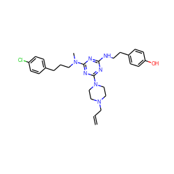 C=CCN1CCN(c2nc(NCCc3ccc(O)cc3)nc(N(C)CCCc3ccc(Cl)cc3)n2)CC1 ZINC000013492580