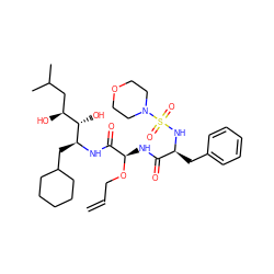 C=CCO[C@H](NC(=O)[C@H](Cc1ccccc1)NS(=O)(=O)N1CCOCC1)C(=O)N[C@@H](CC1CCCCC1)[C@@H](O)[C@@H](O)CC(C)C ZINC000025993579