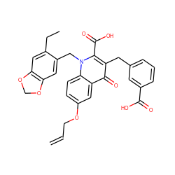 C=CCOc1ccc2c(c1)c(=O)c(Cc1cccc(C(=O)O)c1)c(C(=O)O)n2Cc1cc2c(cc1CC)OCO2 ZINC000064513143