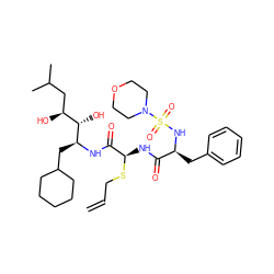 C=CCS[C@H](NC(=O)[C@H](Cc1ccccc1)NS(=O)(=O)N1CCOCC1)C(=O)N[C@@H](CC1CCCCC1)[C@@H](O)[C@@H](O)CC(C)C ZINC000025989088