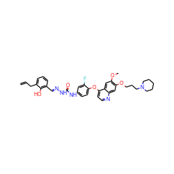 C=CCc1cccc(/C=N/NC(=O)Nc2ccc(Oc3ccnc4cc(OCCCN5CCCCC5)c(OC)cc34)c(F)c2)c1O ZINC000653804911