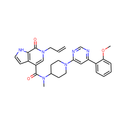 C=CCn1cc(C(=O)N(C)C2CCN(c3cc(-c4ccccc4OC)ncn3)CC2)c2cc[nH]c2c1=O ZINC001772580571