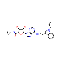 C=CCn1cc(CCNc2ncnc3c2ncn3[C@@H]2O[C@H](C(=O)NC3CC3)[C@@H](O)[C@H]2O)c2ccccc21 ZINC000012405755