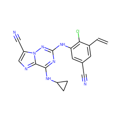 C=Cc1cc(C#N)cc(Nc2nc(NC3CC3)c3ncc(C#N)n3n2)c1Cl ZINC000169711961