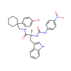 C[C@@](Cc1c[nH]c2ccccc12)(NC(=O)Nc1ccc([N+](=O)[O-])cc1)C(=O)NCC1(c2ccc(O)cc2)CCCCC1 ZINC000026576043