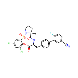 C[C@@]1(C(=O)N[C@@H](Cc2ccc(-c3cc(C#N)ccc3F)cc2)C(=O)O)CCCN1S(=O)(=O)c1cc(Cl)cc(Cl)c1 ZINC000026646795