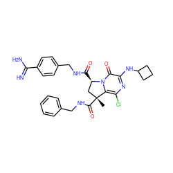 C[C@@]1(C(=O)NCc2ccccc2)C[C@@H](C(=O)NCc2ccc(C(=N)N)cc2)n2c1c(Cl)nc(NC1CCC1)c2=O ZINC000095586085