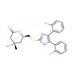 C[C@@]1(O)CC(=O)O[C@@H](CSc2nc(-c3ccccc3Cl)c(-c3ccccc3Cl)[nH]2)C1 ZINC000013730500