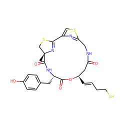 C[C@@]12CSC(=N1)c1csc(n1)CNC(=O)C[C@@H](/C=C/CCS)OC(=O)[C@H](Cc1ccc(O)cc1)NC2=O ZINC000299828413
