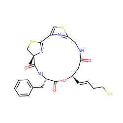 C[C@@]12CSC(=N1)c1csc(n1)CNC(=O)C[C@@H](/C=C/CCS)OC(=O)[C@H](Cc1ccccc1)NC2=O ZINC000299824014