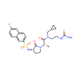 C[C@@H](C(=O)N(CCNC(N)=O)CC1CC1)N1CC[C@H](NS(=O)(=O)c2ccc3cc(Cl)ccc3c2)C1=O ZINC000014950021