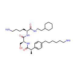 C[C@@H](C(=O)N[C@@H](CO)C(=O)N[C@@H](CCCCN)C(=O)NCCC1CCCCC1)c1ccc(CCCCCCN)cc1 ZINC000029220131