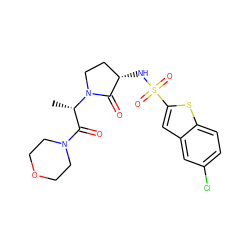 C[C@@H](C(=O)N1CCOCC1)N1CC[C@H](NS(=O)(=O)c2cc3cc(Cl)ccc3s2)C1=O ZINC000014950088