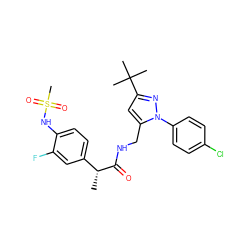 C[C@@H](C(=O)NCc1cc(C(C)(C)C)nn1-c1ccc(Cl)cc1)c1ccc(NS(C)(=O)=O)c(F)c1 ZINC000113487499