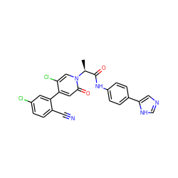 C[C@@H](C(=O)Nc1ccc(-c2cnc[nH]2)cc1)n1cc(Cl)c(-c2cc(Cl)ccc2C#N)cc1=O ZINC001772576339