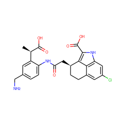 C[C@@H](C(=O)O)c1cc(CN)ccc1NC(=O)C[C@@H]1CCc2cc(Cl)cc3[nH]c(C(=O)O)c1c23 ZINC000027758736