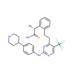 C[C@@H](C(N)=O)c1ccccc1CCc1nc(Nc2ccc(C3CCNCC3)cc2)ncc1C(F)(F)F ZINC000147577559