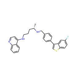 C[C@@H](CCCNc1ccnc2ccccc12)NCc1ccc(-c2csc3ccc(F)cc23)cc1 ZINC001772627003