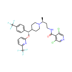 C[C@@H](CCNC(=O)c1c(Cl)cncc1Cl)N1CCC([C@H](Oc2cccc(C(F)(F)F)n2)c2ccc(C(F)(F)F)cc2)CC1 ZINC000072132833