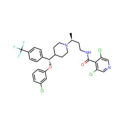 C[C@@H](CCNC(=O)c1c(Cl)cncc1Cl)N1CCC([C@H](Oc2cccc(Cl)c2)c2ccc(C(F)(F)F)cc2)CC1 ZINC000071315982