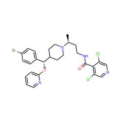 C[C@@H](CCNC(=O)c1c(Cl)cncc1Cl)N1CCC([C@H](Oc2ccccn2)c2ccc(Br)cc2)CC1 ZINC000071329306